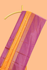 Orange checked floral design motifs semi soft silk saree with contrast border and blouse