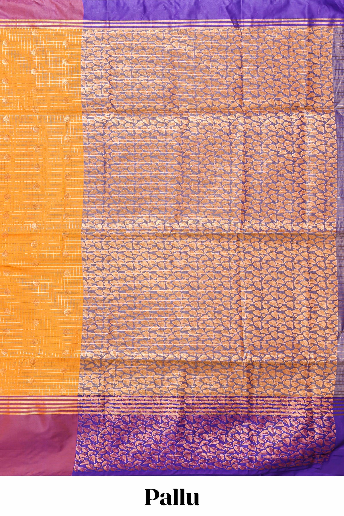 Orange checked floral design motifs semi soft silk saree with contrast border and blouse