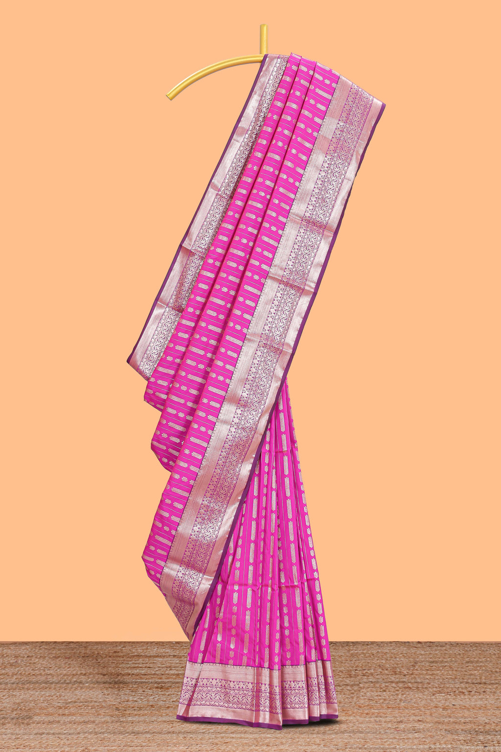 Pink striped floral design semi soft silk saree with contrast border and blouse
