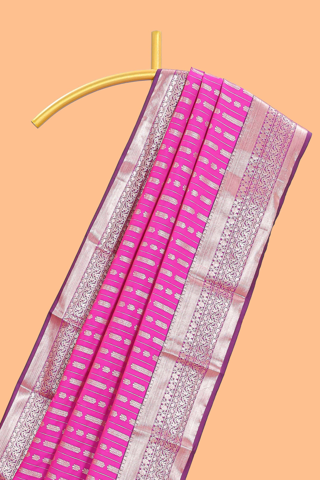 Pink striped floral design semi soft silk saree with contrast border and blouse