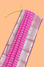 Pink striped floral design semi soft silk saree with contrast border and blouse
