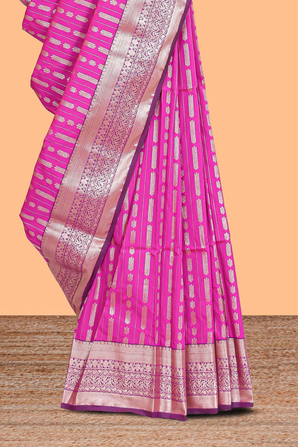Pink striped floral design semi soft silk saree with contrast border and blouse