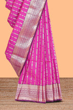 Pink striped floral design semi soft silk saree with contrast border and blouse