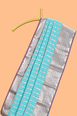 Blue striped floral design semi soft silk saree with contrast border and blouse