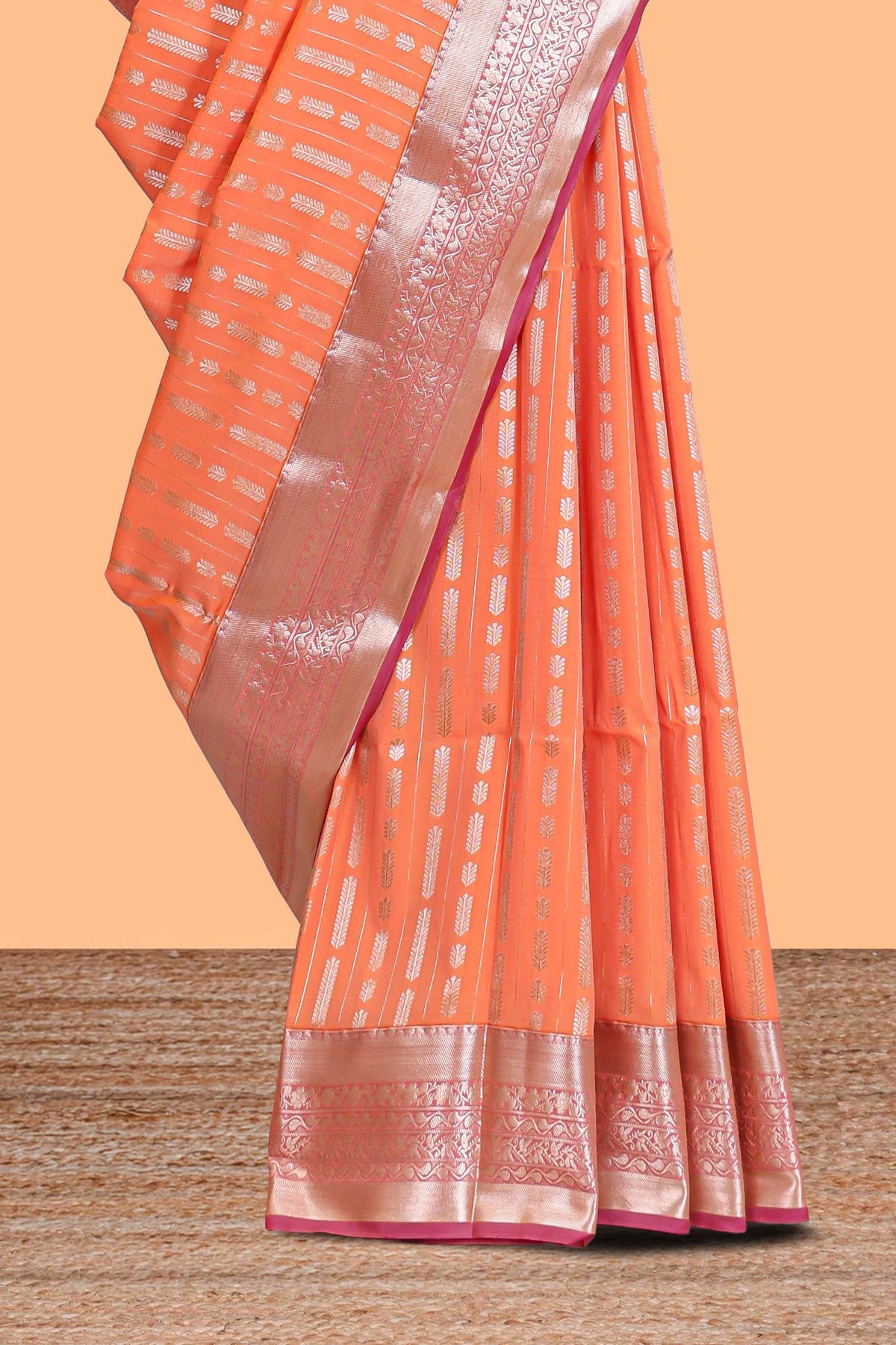 Orange striped floral design semi soft silk saree with contrast border and blouse