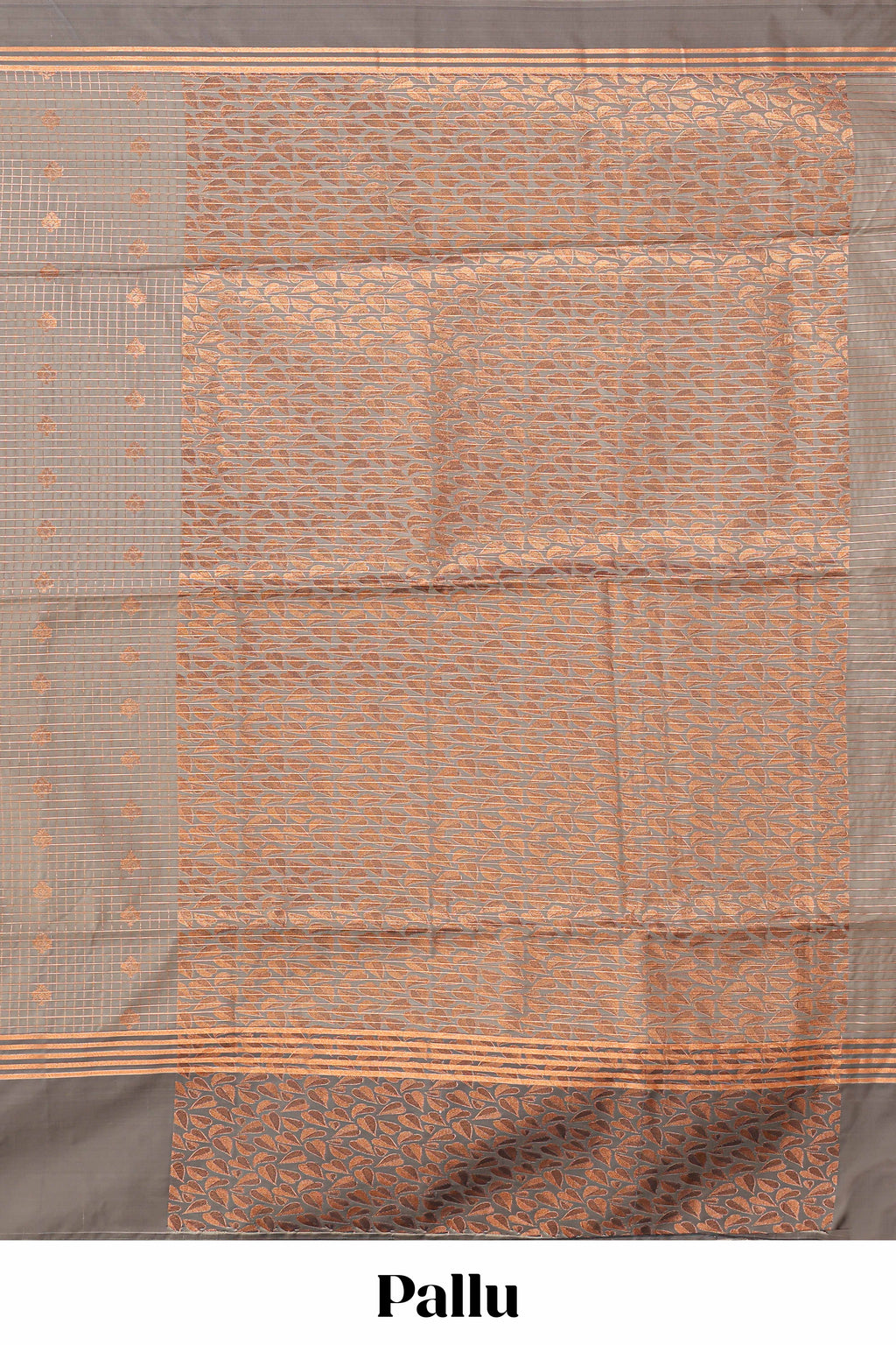 Grey checked floral design motifs semi soft silk saree with contrast border and blouse