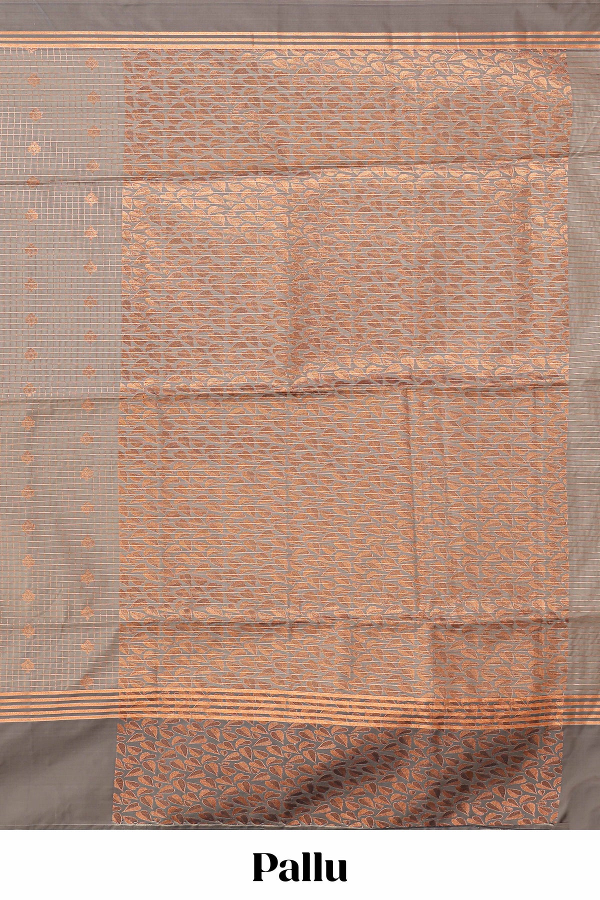 Grey checked floral design motifs semi soft silk saree with contrast border and blouse