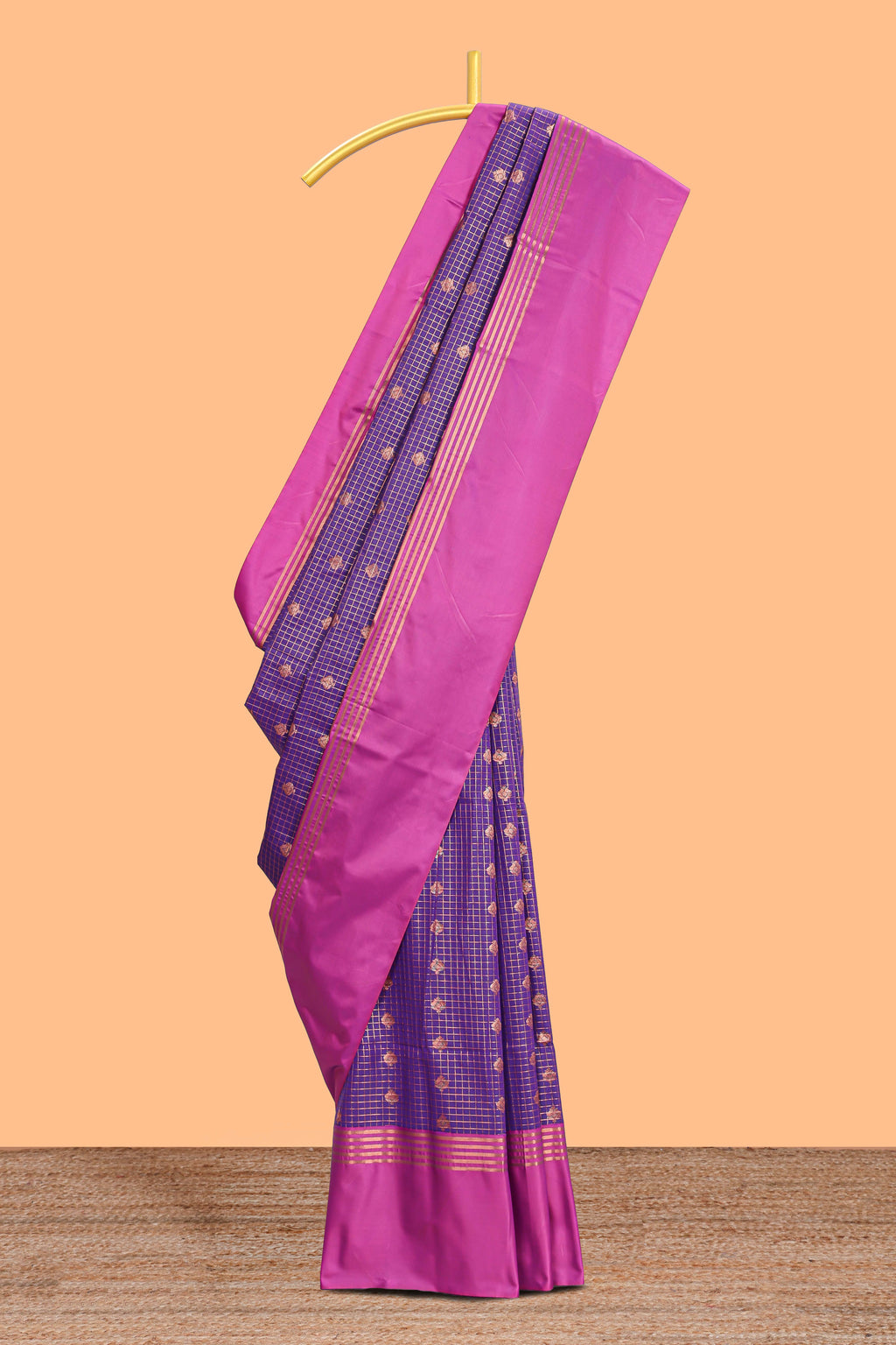 Purple checked floral design motifs semi soft silk saree with contrast border and blouse