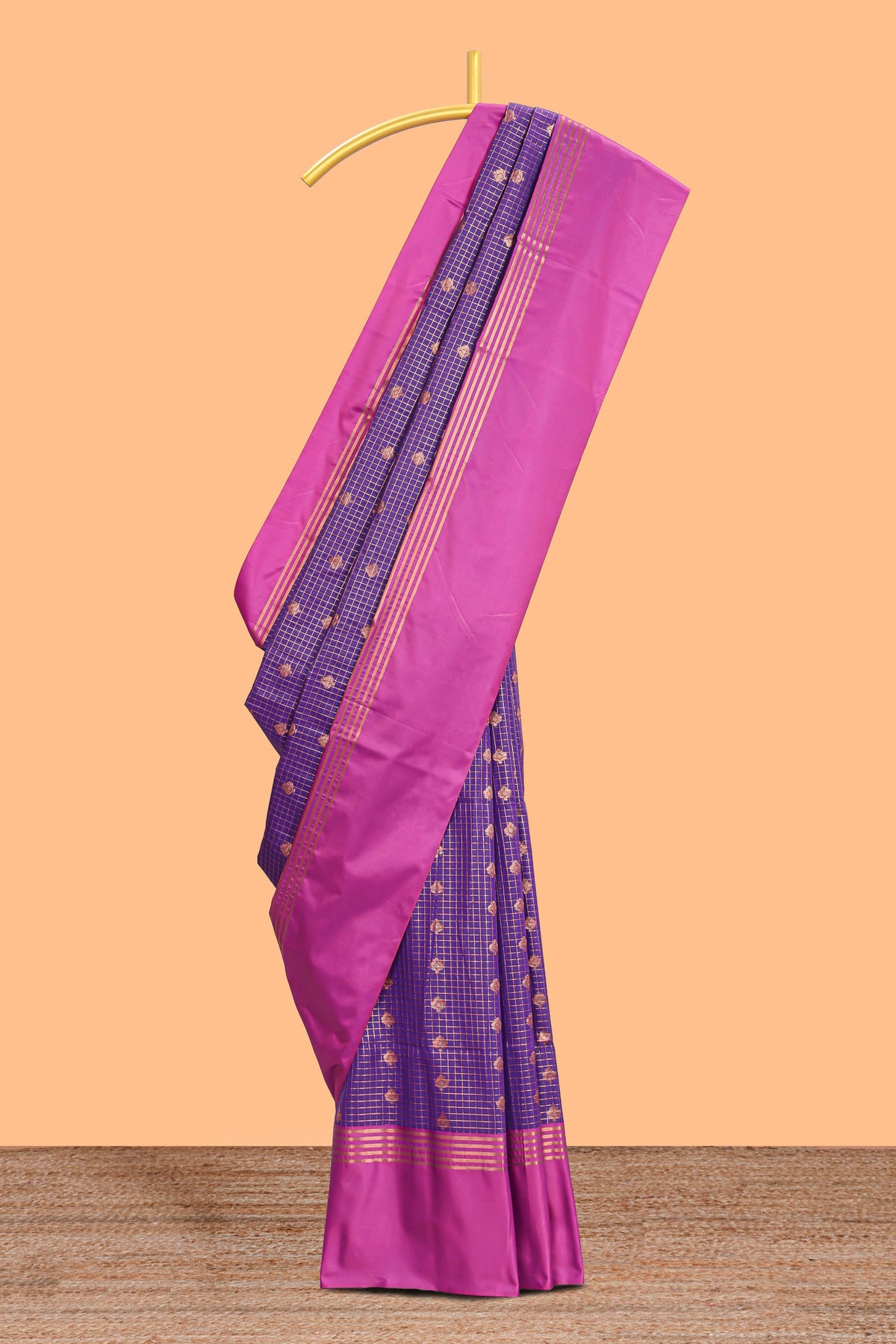 Purple checked floral design motifs semi soft silk saree with contrast border and blouse
