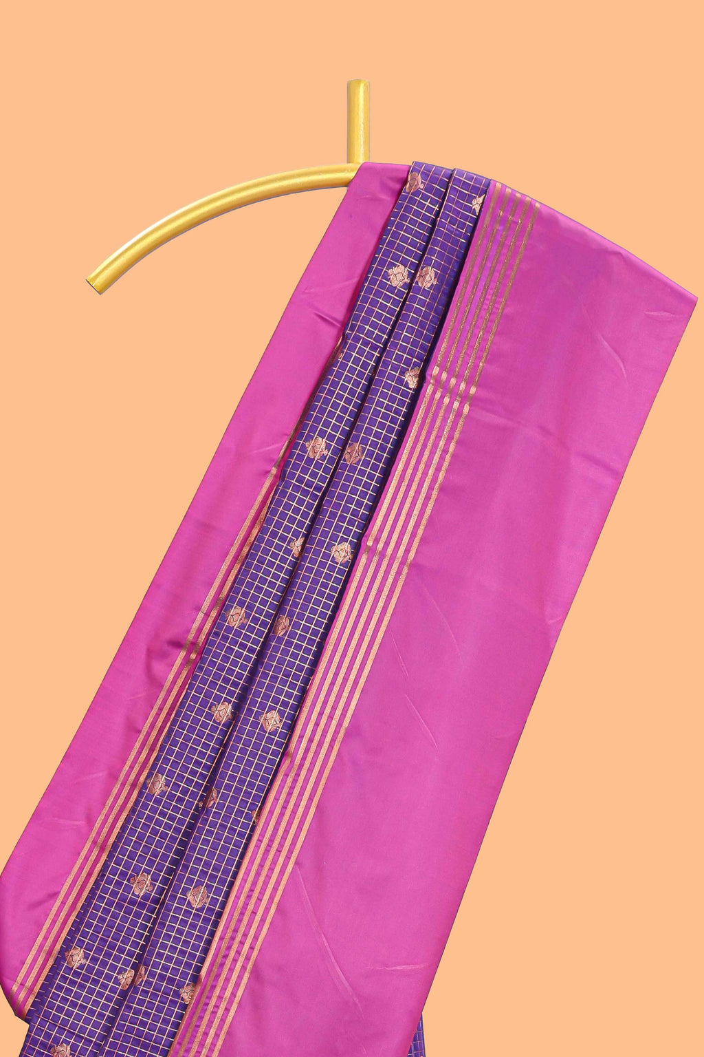 Purple checked floral design motifs semi soft silk saree with contrast border and blouse
