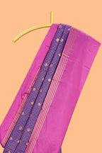 Purple checked floral design motifs semi soft silk saree with contrast border and blouse