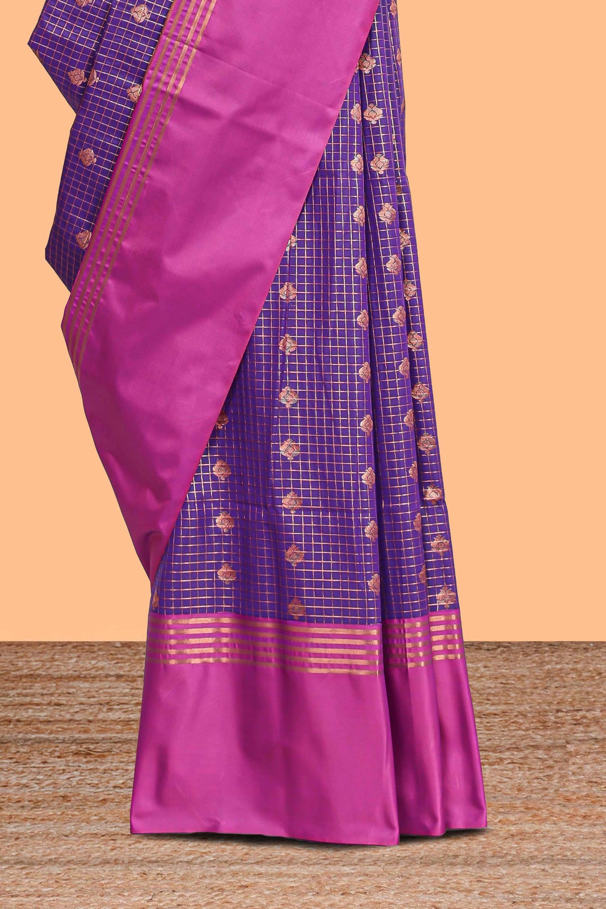 Purple checked floral design motifs semi soft silk saree with contrast border and blouse
