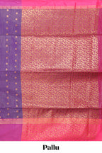 Purple checked floral design motifs semi soft silk saree with contrast border and blouse