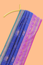 Blue checked floral design motifs semi soft silk saree with contrast border and matching blouse