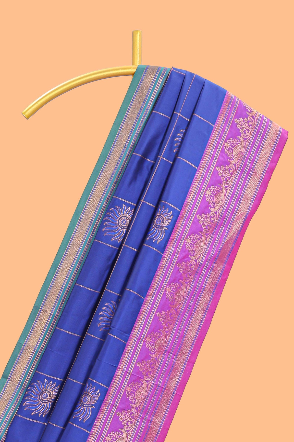 Blue checked floral design motifs semi soft silk saree with contrast border and matching blouse