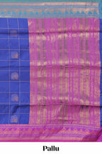 Blue checked floral design motifs semi soft silk saree with contrast border and matching blouse