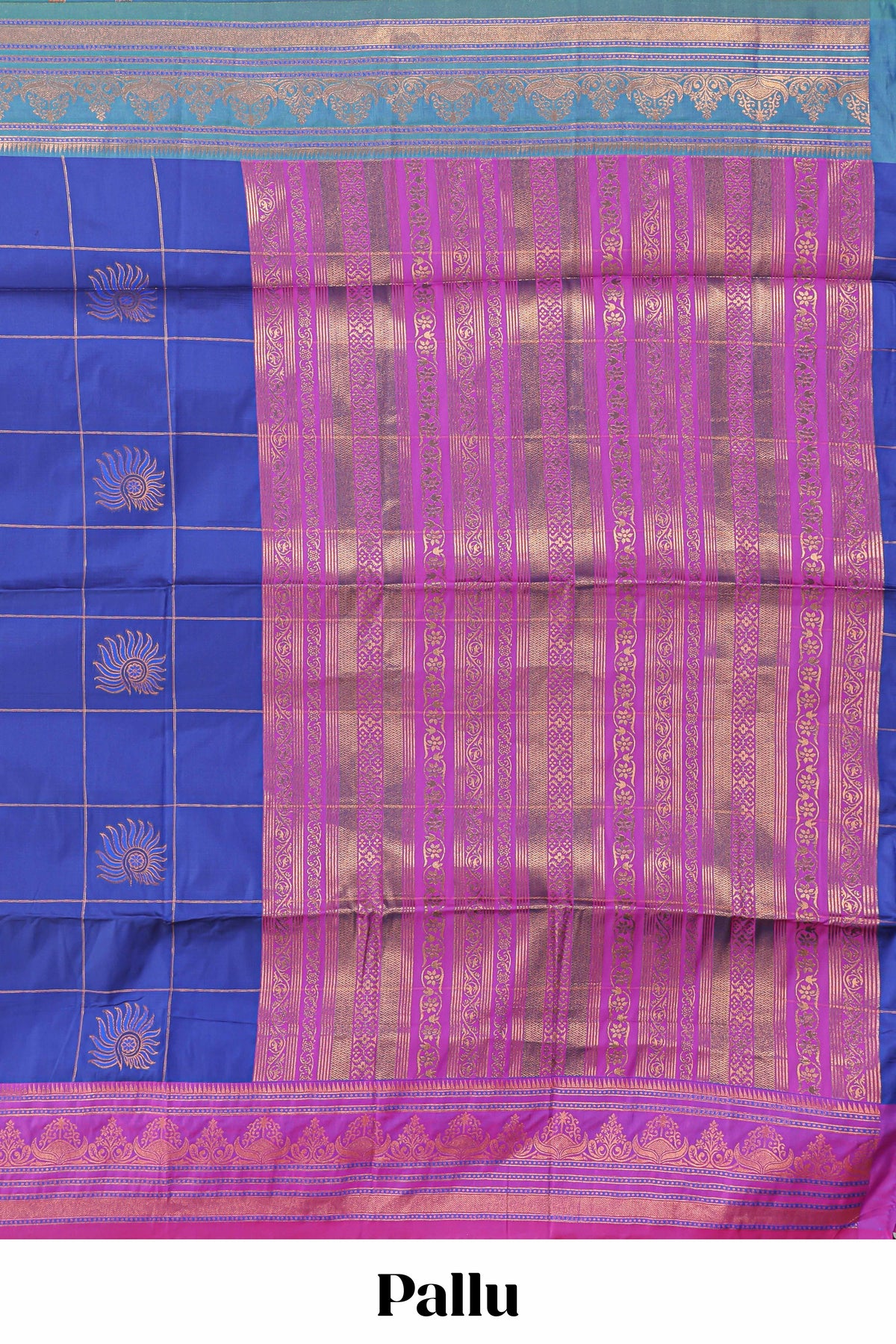 Blue checked floral design motifs semi soft silk saree with contrast border and matching blouse