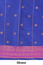 Blue checked floral design motifs semi soft silk saree with contrast border and matching blouse