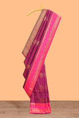 Purple checked floral design motifs semi soft silk saree with contrast border and matching blouse