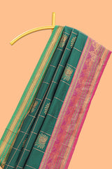 Green checked floral design motifs semi soft silk saree with contrast border and matching blouse