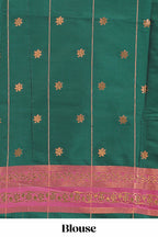 Green checked floral design motifs semi soft silk saree with contrast border and matching blouse