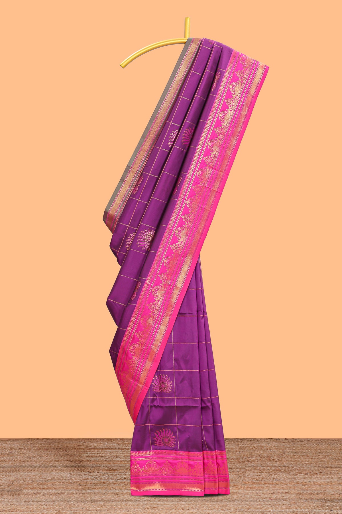 Purple checked floral design motifs semi soft silk saree with contrast border and matching blouse