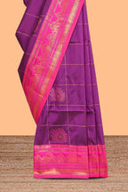 Purple checked floral design motifs semi soft silk saree with contrast border and matching blouse