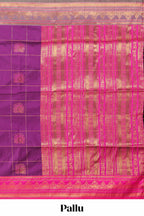 Purple checked floral design motifs semi soft silk saree with contrast border and matching blouse