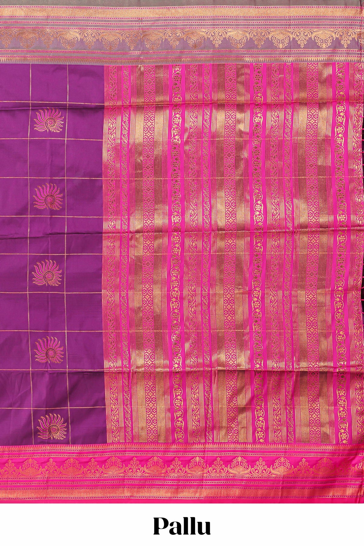 Purple checked floral design motifs semi soft silk saree with contrast border and matching blouse