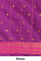 Purple checked floral design motifs semi soft silk saree with contrast border and matching blouse