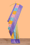 Multi color checked floral design motifs semi soft silk saree with contrast border and blouse
