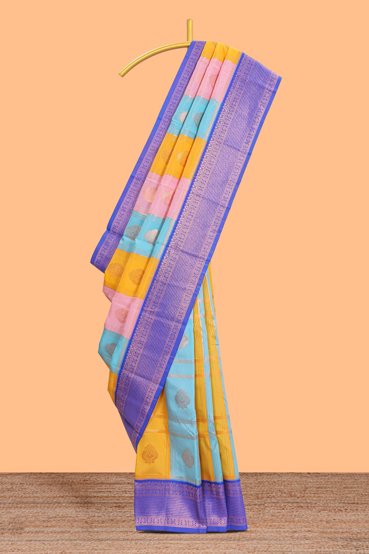 Multi color checked floral design motifs semi soft silk saree with contrast border and blouse