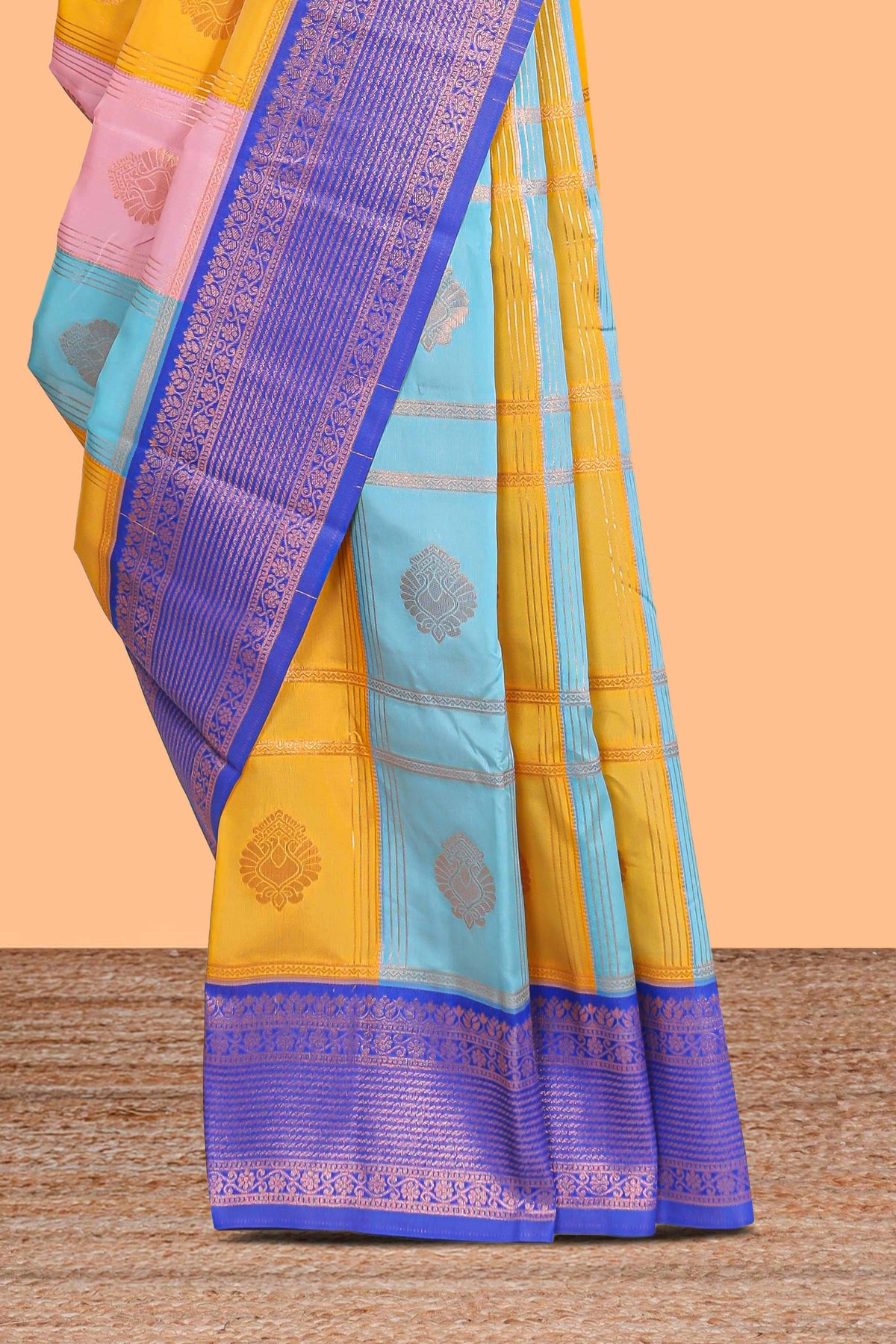 Multi color checked floral design motifs semi soft silk saree with contrast border and blouse