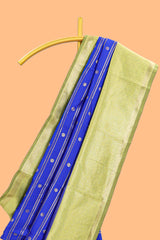 Blule striped and butta detailed Semi Soft Silk Saree with contrast zari border along with contrasting blouse
