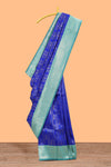 Blule striped and butta detailed Semi Soft Silk Saree with contrast teal blue zari border along with contrasting blouse