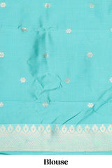 Blule striped and butta detailed Semi Soft Silk Saree with contrast teal blue zari border along with contrasting blouse
