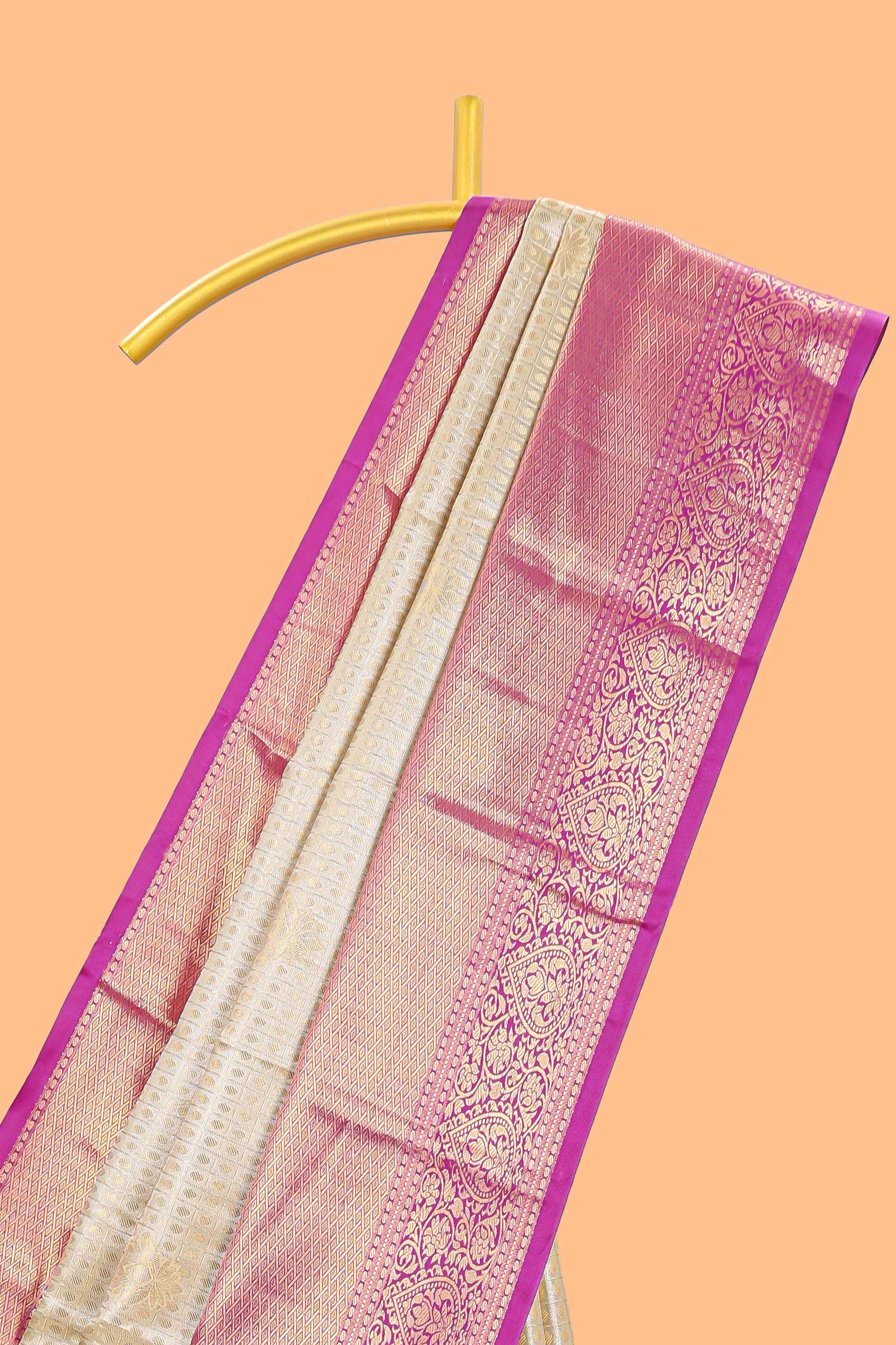 Cream shade checked butta design Semi Soft Silk Saree with pink contrast zari border along with contrasting blouse