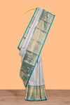 Grey shade checked butta design Semi Soft Silk Saree with pink contrast zari border along with contrasting blouse