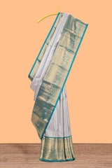 Grey shade checked butta design Semi Soft Silk Saree with pink contrast zari border along with contrasting blouse