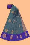 Peacock blue striped zari motifs semi soft silk saree with contrast border and blouse