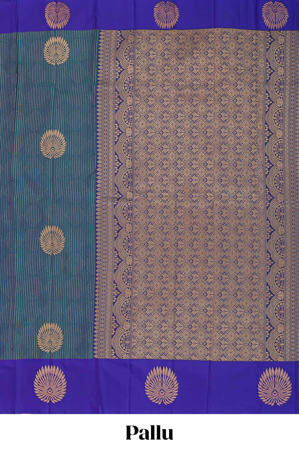 Peacock blue striped zari motifs semi soft silk saree with contrast border and blouse