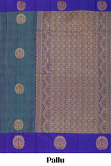 Peacock blue striped zari motifs semi soft silk saree with contrast border and blouse