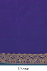 Peacock blue striped zari motifs semi soft silk saree with contrast border and blouse