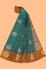 Green striped zari motifs semi soft silk saree with contrast border and blouse