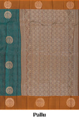 Green striped zari motifs semi soft silk saree with contrast border and blouse