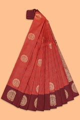 Red striped zari motifs semi soft silk saree with contrast border and blouse
