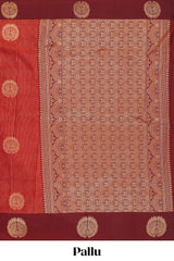 Red striped zari motifs semi soft silk saree with contrast border and blouse