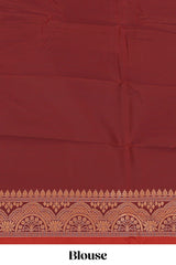 Red striped zari motifs semi soft silk saree with contrast border and blouse