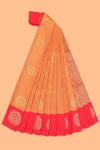 Orange striped zari motifs semi soft silk saree with contrast border and blouse