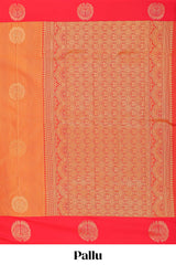 Orange striped zari motifs semi soft silk saree with contrast border and blouse